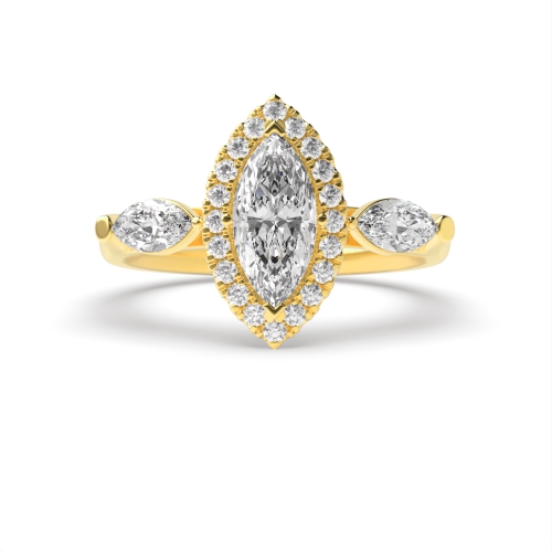4 Prong Marquise Yellow Gold unique Trilogy Engagement Rings
