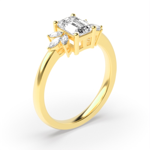 4 Prong Emerald Yellow Gold Accentuated Engagement Rings