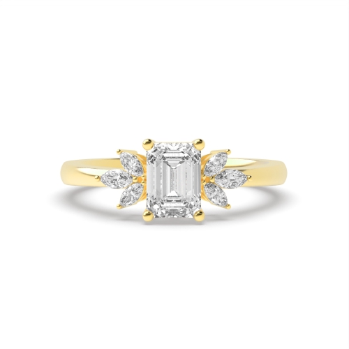 4 Prong Emerald Yellow Gold Accentuated Engagement Rings