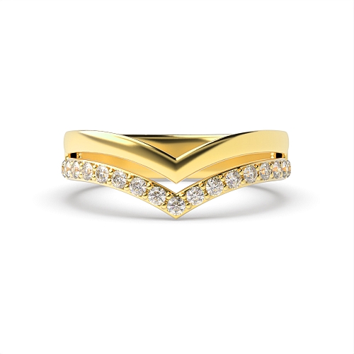 4 Prong Round Yellow Gold V shaped Band Diamond Rings