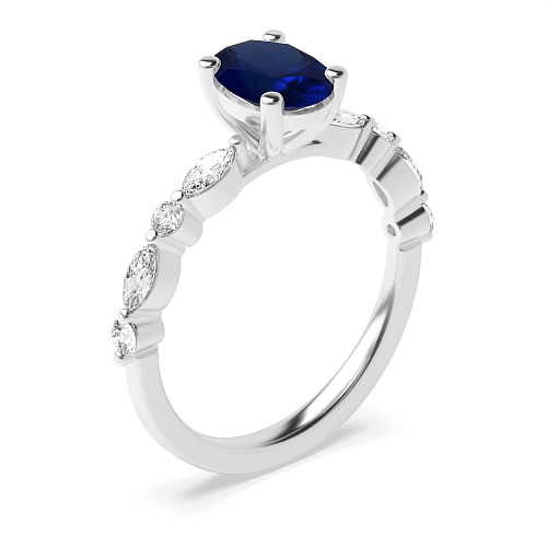 4 Prong Unique Style Blue Sapphire Side Stone Diamond Ring