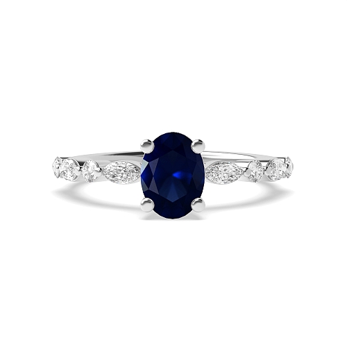 4 Prong Unique Style Blue Sapphire Side Stone Diamond Ring