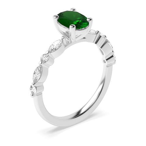 4 Prong Unique style Emerald Side Stone Engagement Rings