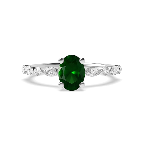 4 Prong Unique style Emerald Side Stone Engagement Rings