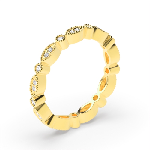 Pave Setting Round Yellow Gold Milligrain Eternity Engagement Rings