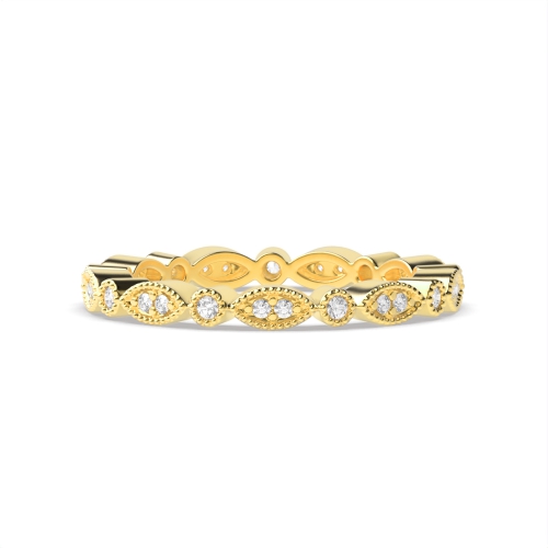 Pave Setting Round Yellow Gold Milligrain Eternity Engagement Rings