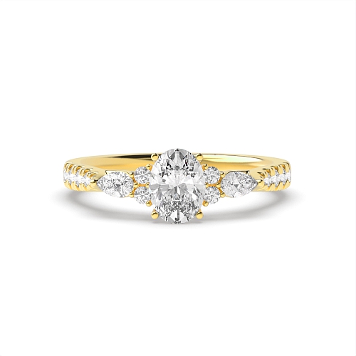 4 Prong Oval Yellow Gold Pear side stone accented Side Stone Engagement Rings