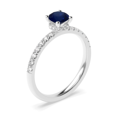 Round 4 prongs Hidden Halo Side Stone Blue Sapphire Engagement Rings