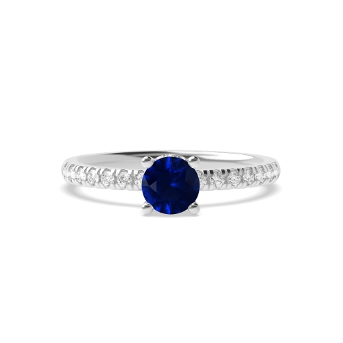 Round 4 prongs Hidden Halo Side Stone Blue Sapphire Engagement Rings