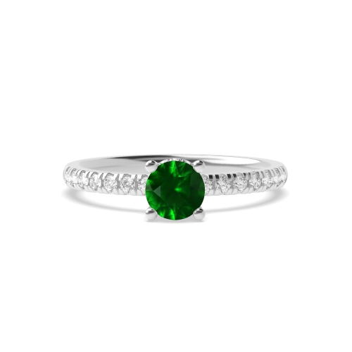 Round 4 prongs Hidden Halo Emerald Side Stone Engagement Rings