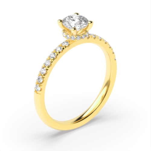 Round Yellow Gold 4 prongs Hidden Halo Side Stone Engagement Rings