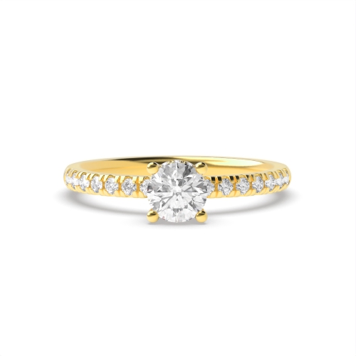 Round Yellow Gold 4 prongs Hidden Halo Side Stone Engagement Rings