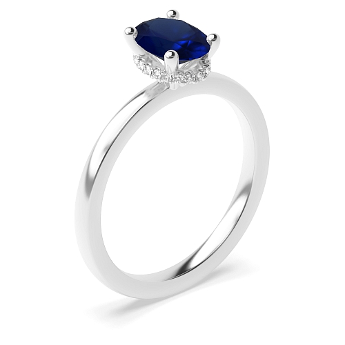 4 Prong Hidden Halo Plain Shoulder Blue Sapphire Solitaire Diamond Ring