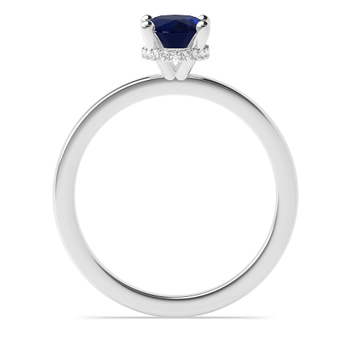 4 Prong Hidden Halo Plain Shoulder Blue Sapphire Solitaire Diamond Ring