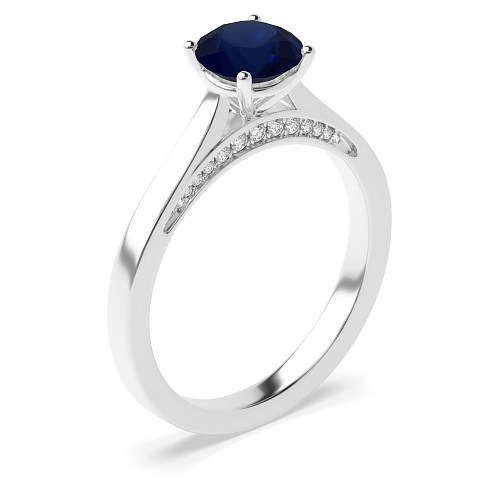 Round Diamond set bridge Blue Sapphire Engagement Rings