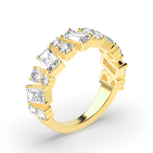 4 Prong Emerald/Round Yellow Gold Unusual Eternity Diamond Rings