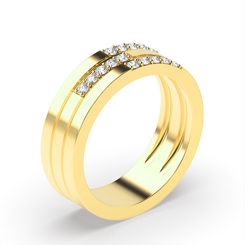 Pave Setting Round Yellow Gold 3 row Band Diamond Rings