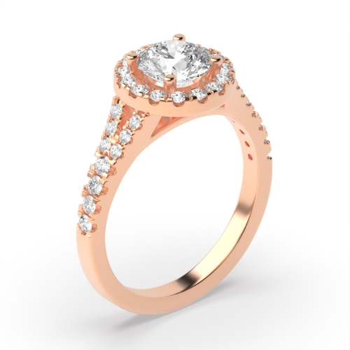 4 Prong Round Rose Gold Fishtail accented shank Halo Engagement Rings