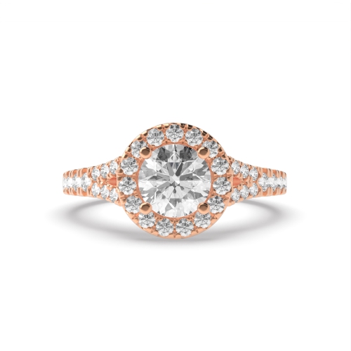 4 Prong Round Rose Gold Fishtail accented shank Halo Engagement Rings
