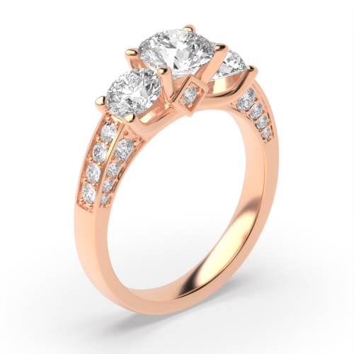 4 Prong Round Rose Gold Unique accented Trilogy Engagement Rings