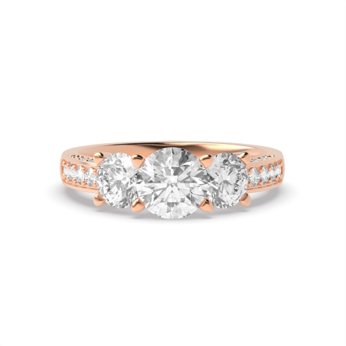 4 Prong Round Rose Gold Unique accented Trilogy Engagement Rings