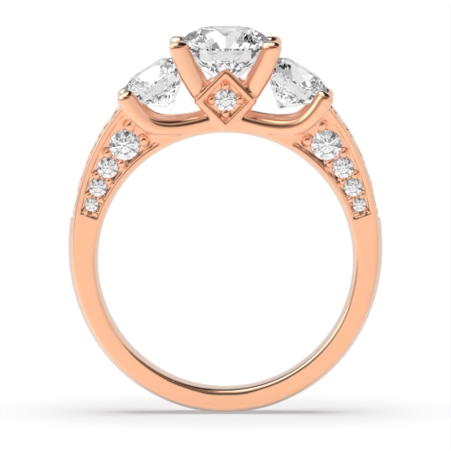 4 Prong Round Rose Gold Unique accented Trilogy Engagement Rings