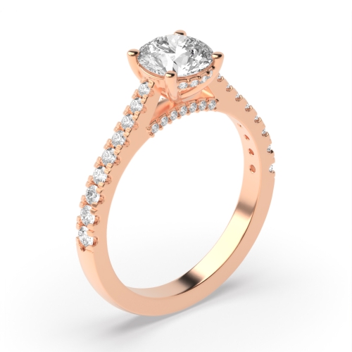 4 Prong Round Rose Gold Tappered shank hidden diamond Side Stone Engagement Rings