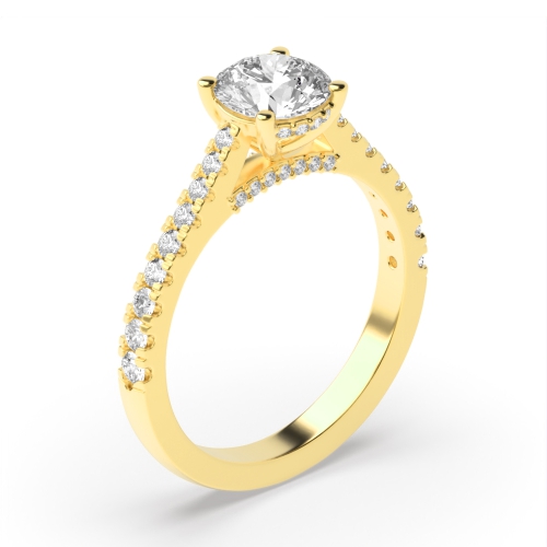 4 Prong Round Yellow Gold Tappered shank hidden diamond Side Stone Engagement Rings