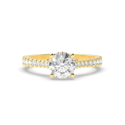 4 Prong Round Yellow Gold Tappered shank hidden diamond Side Stone Engagement Rings