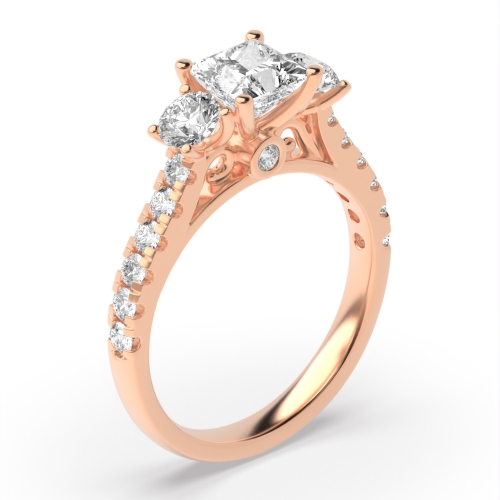 4 Prong Princess/Round Rose Gold Accented Trilogy Engagement Rings