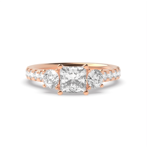 4 Prong Princess/Round Rose Gold Accented Trilogy Engagement Rings