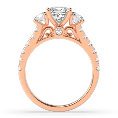 4 Prong Princess/Round Rose Gold Accented Trilogy Engagement Rings