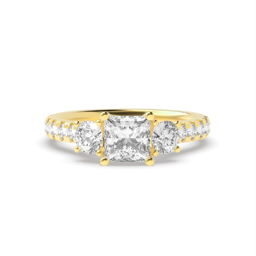 4 Prong Princess/Round Yellow Gold Accented Engagement Rings