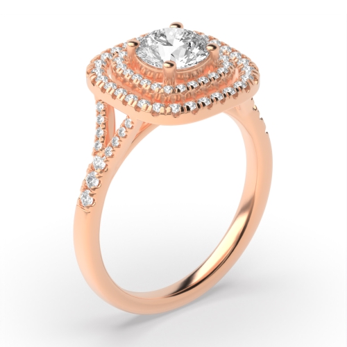 4 Prong Round Rose Gold Two row Halo Engagement Rings