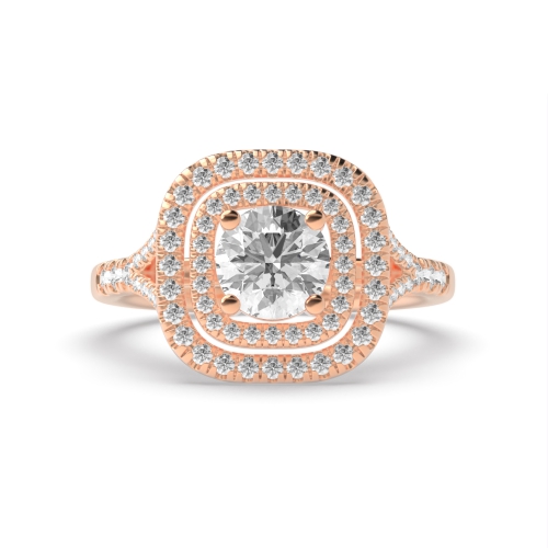 4 Prong Round Rose Gold Two row Halo Engagement Rings