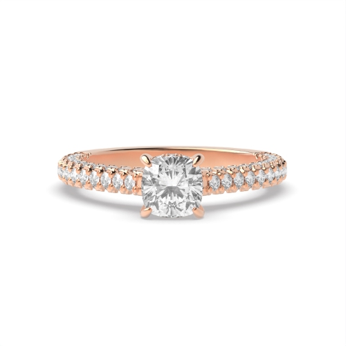 4 Prong Cushion Rose Gold Hidden halo contemporary Side Stone Engagement Rings