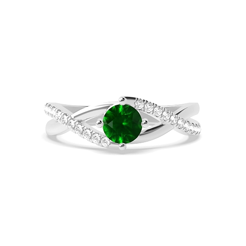 4 Prong Crossover x shaped shoulder Emerald Side Stone Engagement Rings