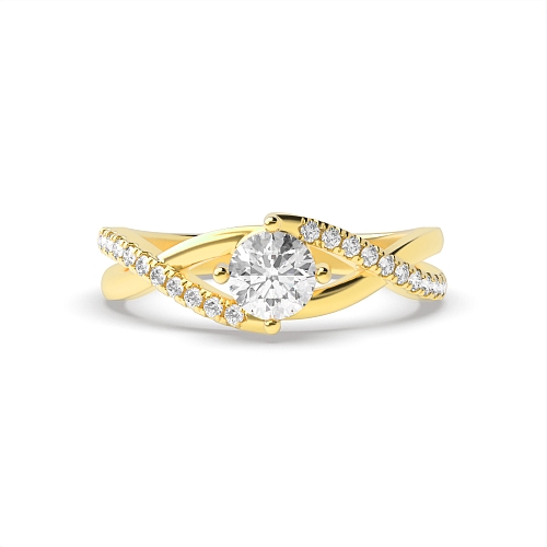 4 Prong Yellow Gold Crossover x shaped shoulder Side Stone Engagement Rings