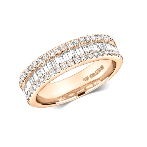 channel setting baguette and round shape half eternity diamond ring