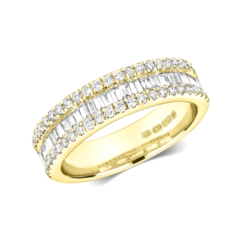 channel setting baguette and round shape half eternity diamond ring