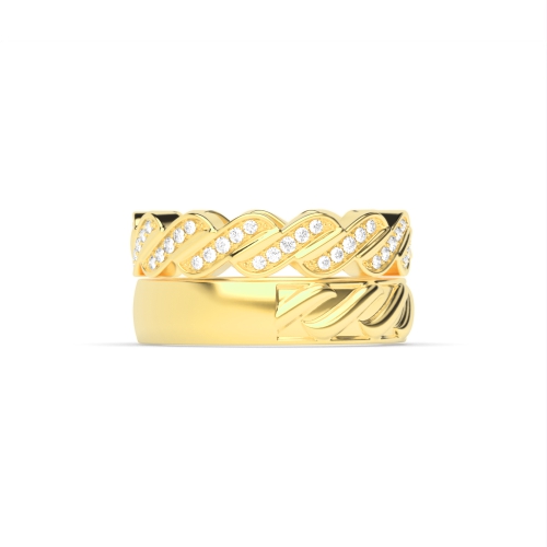 Pave Setting Round Yellow Gold Couple zig zag Couples Engagement Rings