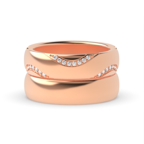 Pave Setting Round Rose Gold Couple band wavy Couples Engagement Rings