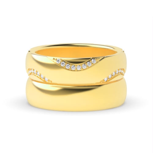 Pave Setting Round Yellow Gold Couple band wavy Couples Engagement Rings
