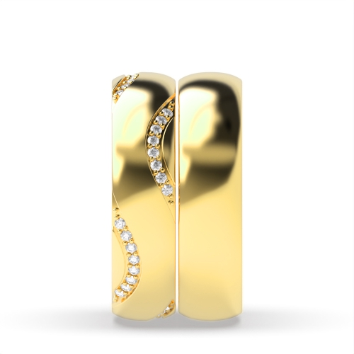 Pave Setting Round Yellow Gold Couple band wavy Couples Engagement Rings