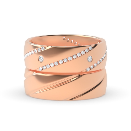 Bezel Setting Round Rose Gold Couple and channel set Couples Engagement Rings