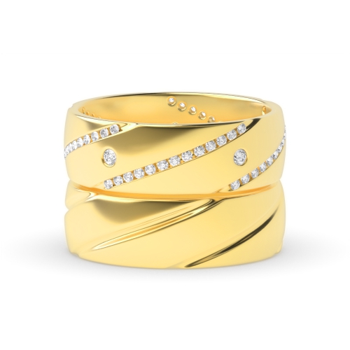Bezel Setting Round Yellow Gold Couple and channel set Couples Engagement Rings