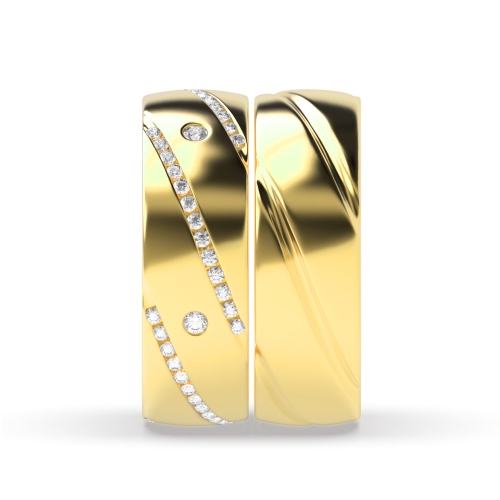 Bezel Setting Round Yellow Gold Couple and channel set Couples Engagement Rings