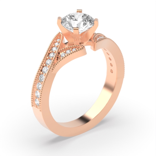 4 Prong Round Rose Gold Miligrain v shank Engagement Rings