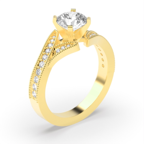 4 Prong Round Yellow Gold Miligrain v shank Engagement Rings