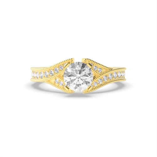 4 Prong Round Yellow Gold Miligrain v shank Engagement Rings